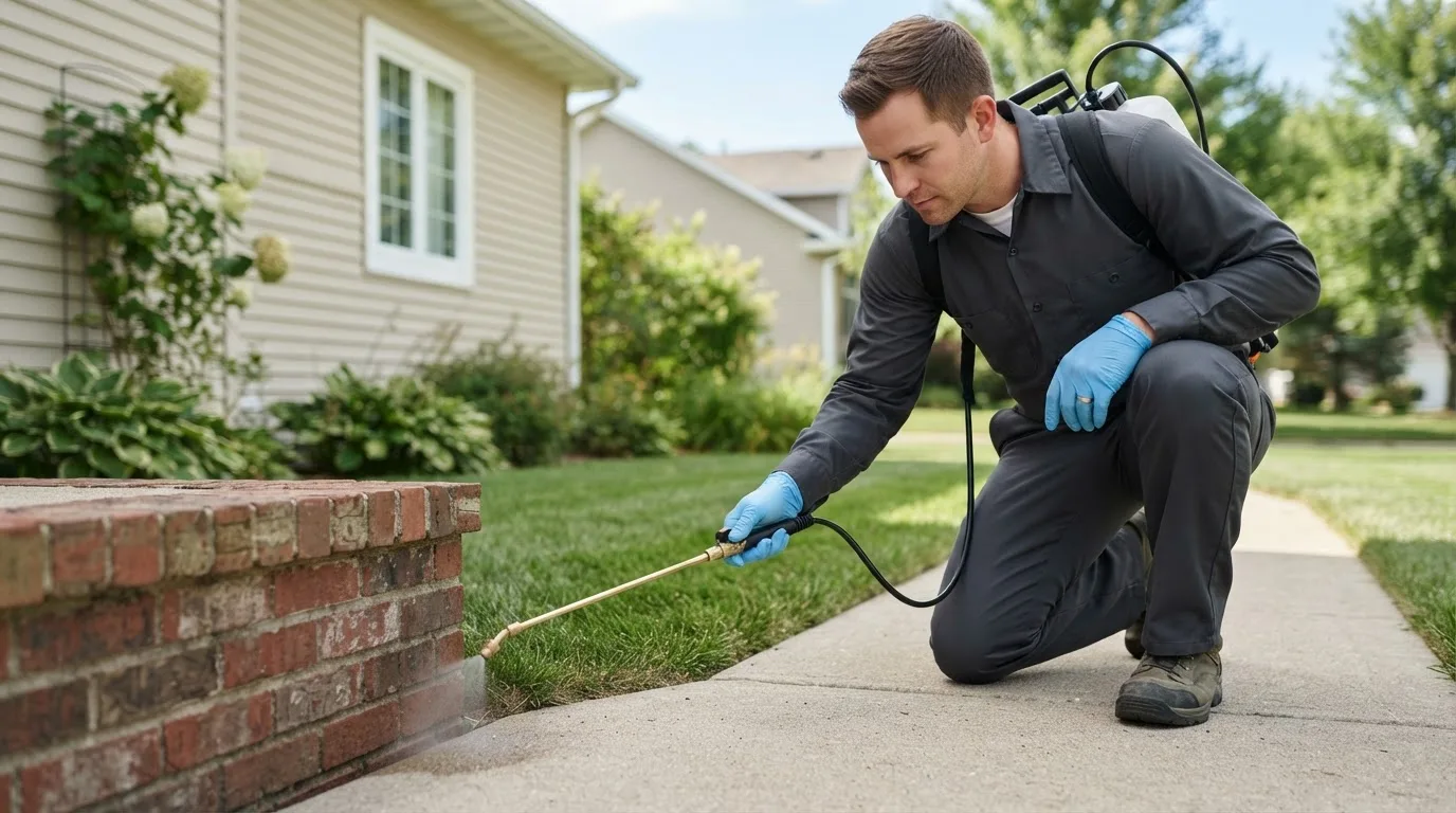 Pest control technician treating a home near Durant, IA