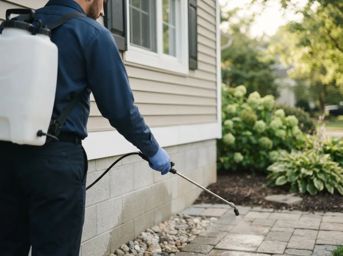 Pest control technician inspecting a home in Durant, IA